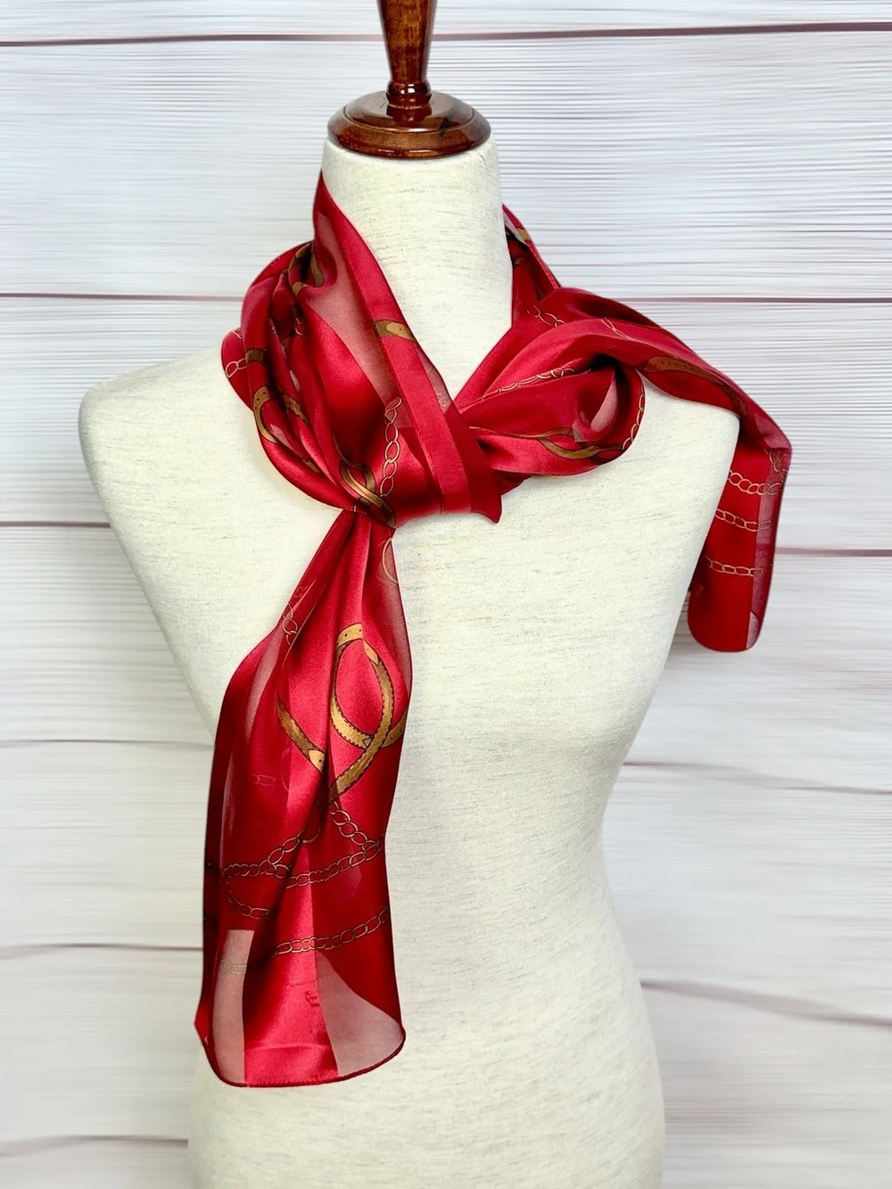 ECHO Silk Scarf Red Burgundy Equestrian Belt Chain Print Chiffon Satin